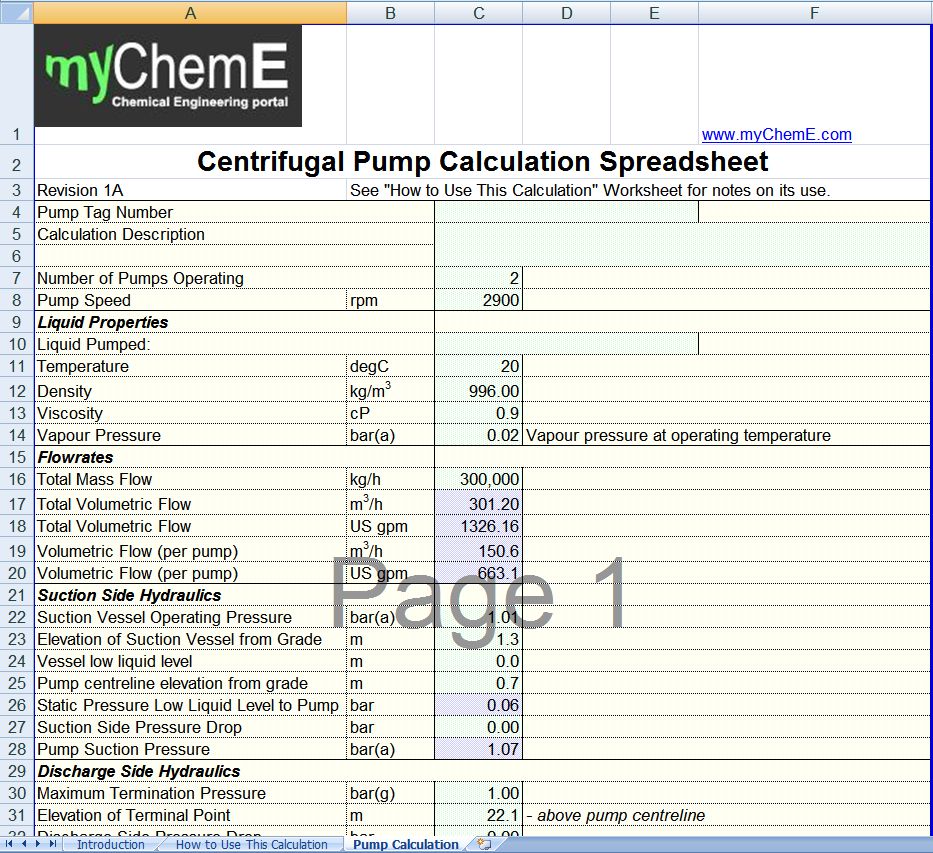 Pump Sizing Datasheet by myChemE.com