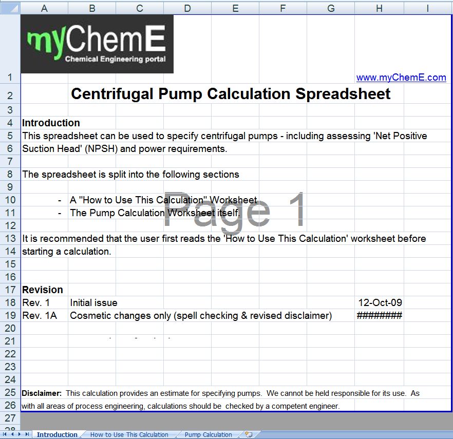 Pump Sizing Datasheet by myChemE.com