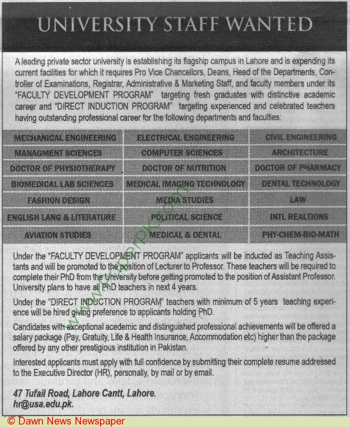 University Staff Wanted, Lahore